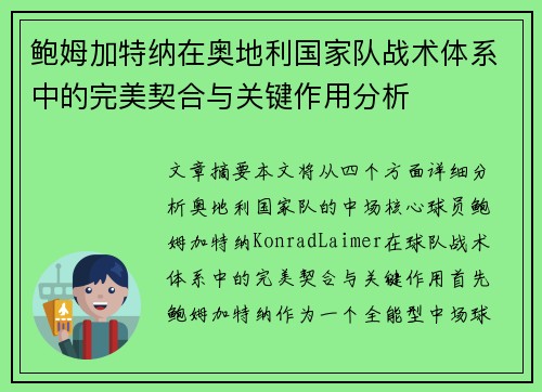 鲍姆加特纳在奥地利国家队战术体系中的完美契合与关键作用分析