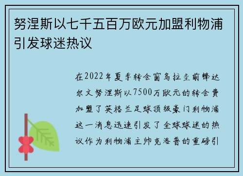 努涅斯以七千五百万欧元加盟利物浦引发球迷热议 努涅斯以七千五百万欧元加盟利物浦引发球迷热议